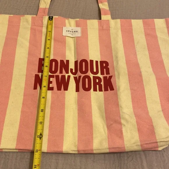 Sezane “Bonjour New York" Pink and Cream Striped Tote Bag - Picture 3 of 7